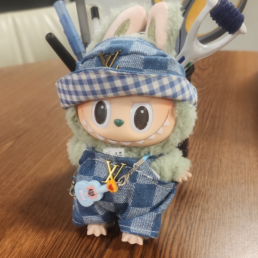Labubu Blue Checkered Overalls outfit with guitar - labubu not included